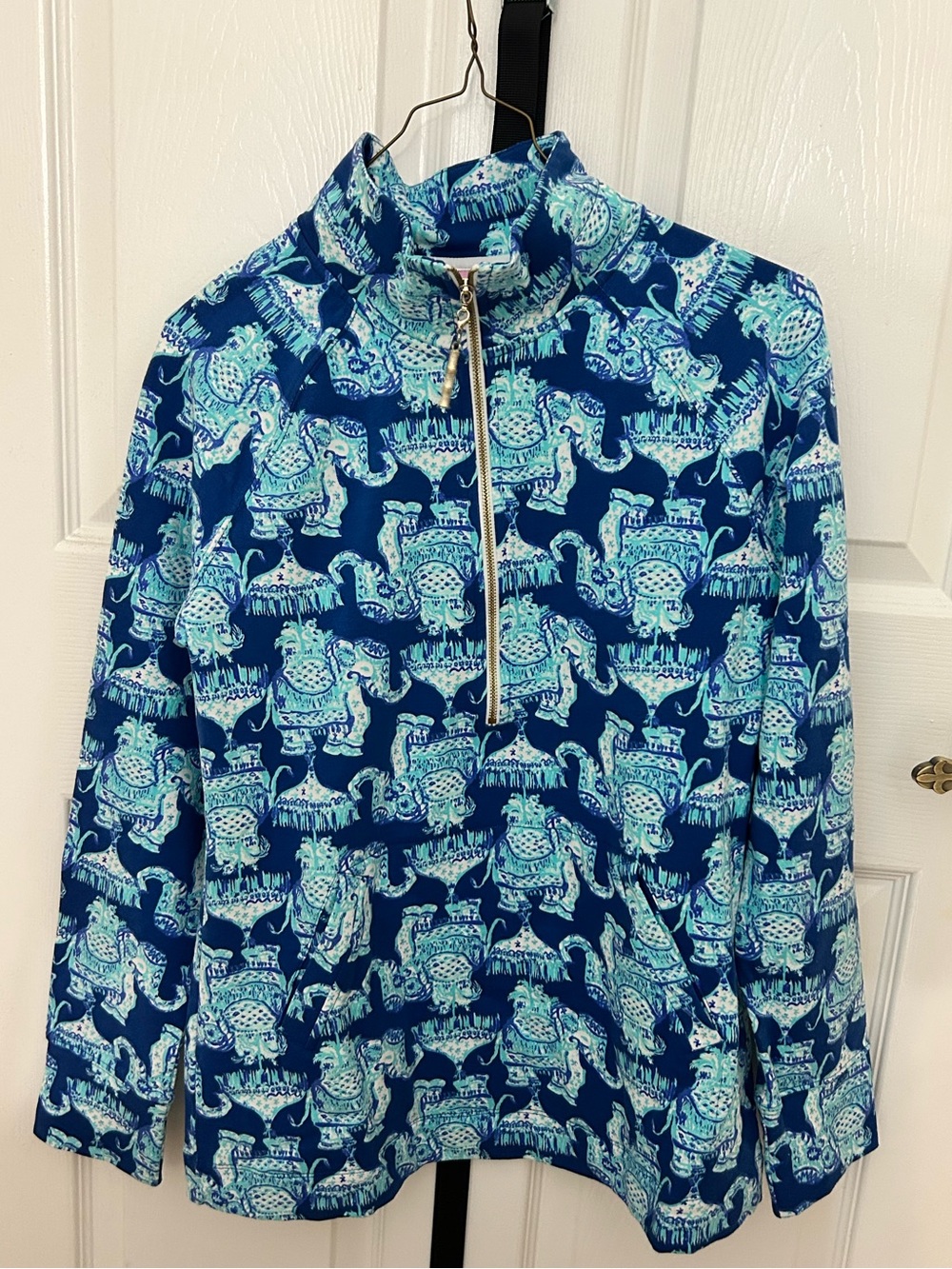 Lilly Pulitzer Navy and Aqua Printed Quarter-Zip Pullover